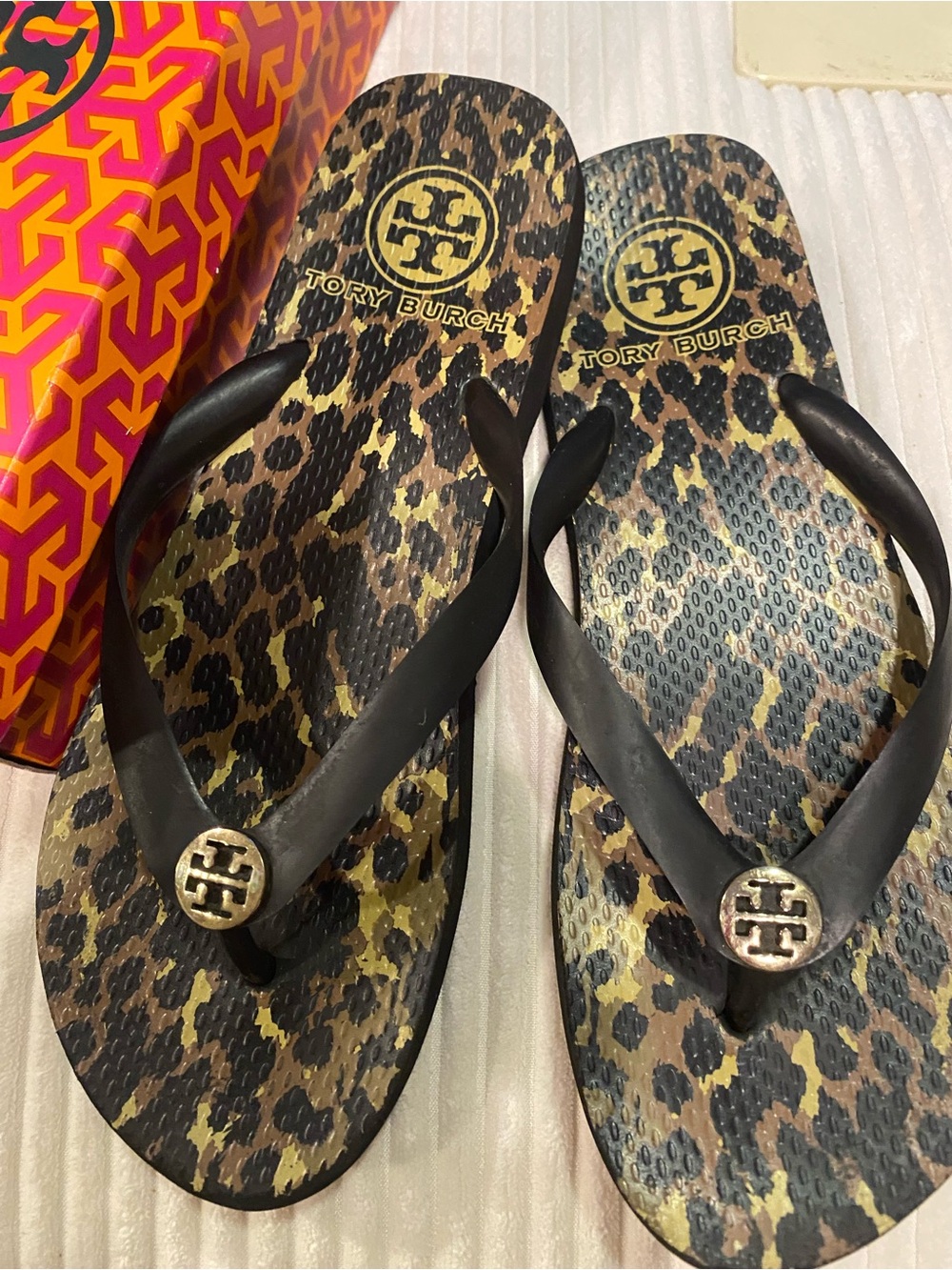 Tory Burch Black-Strap Leopard Print Flip Flops with Gold Logos